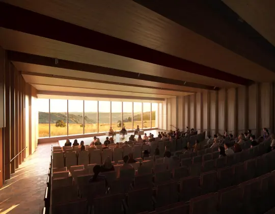 Architectural rendering of the auditorium with it's floor to ceiling glass view over the Badlands